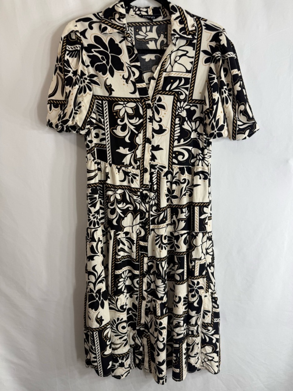 Cassee’s Boho Floral Tiered Button Front Midi Dress Puff Sleeve Size S